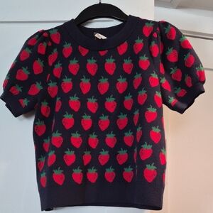 Maeve Navy Knit Top with Red Strawberry Print